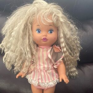 Vintage 1980s Mattel Little Miss Makeup Baby Doll Heart Cheek Clean Stripe Dress